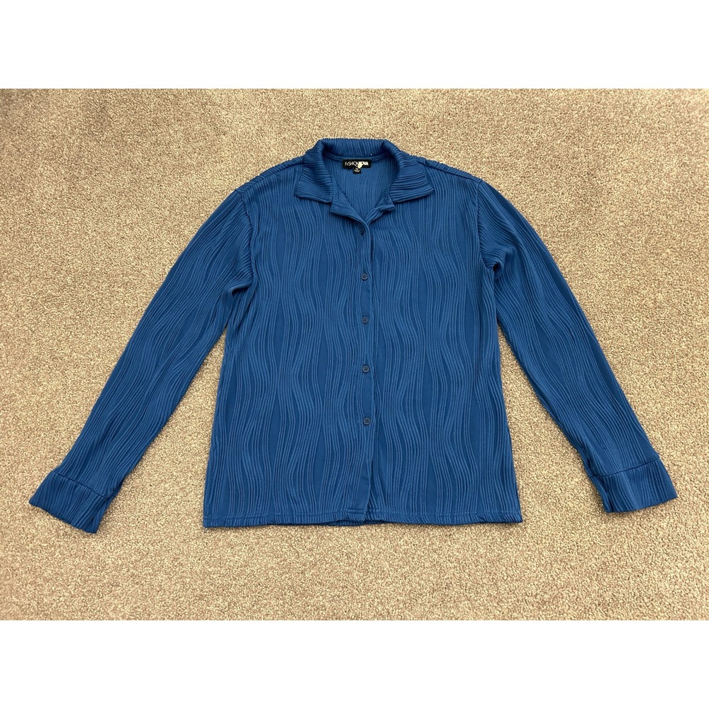 Fashion Nova Plisse Button Up Top Womens XS Blue Excellent Wavy Textured Shirt